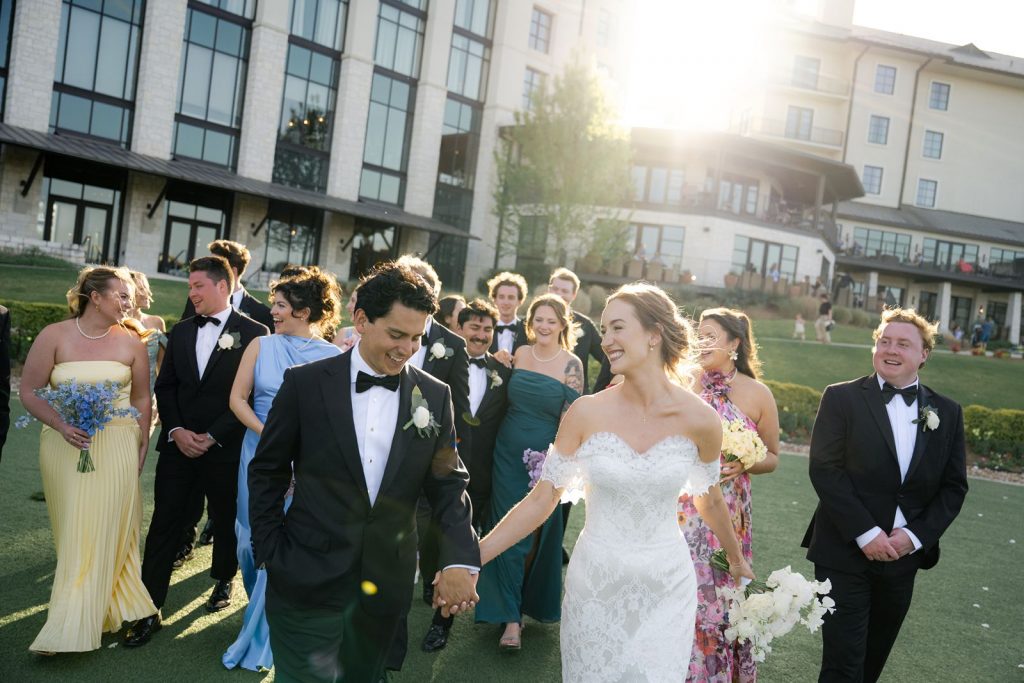 Wedding party celebrate at hill country Wedding in Austin, Texas