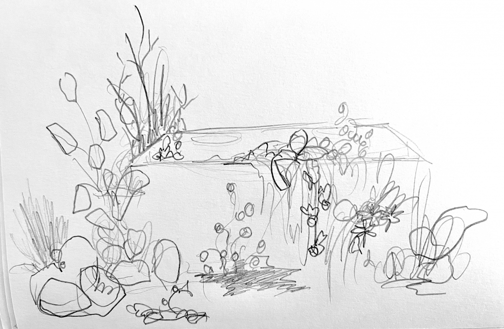 A hand drawn mockup of the floral design installation for the sweetheart table.